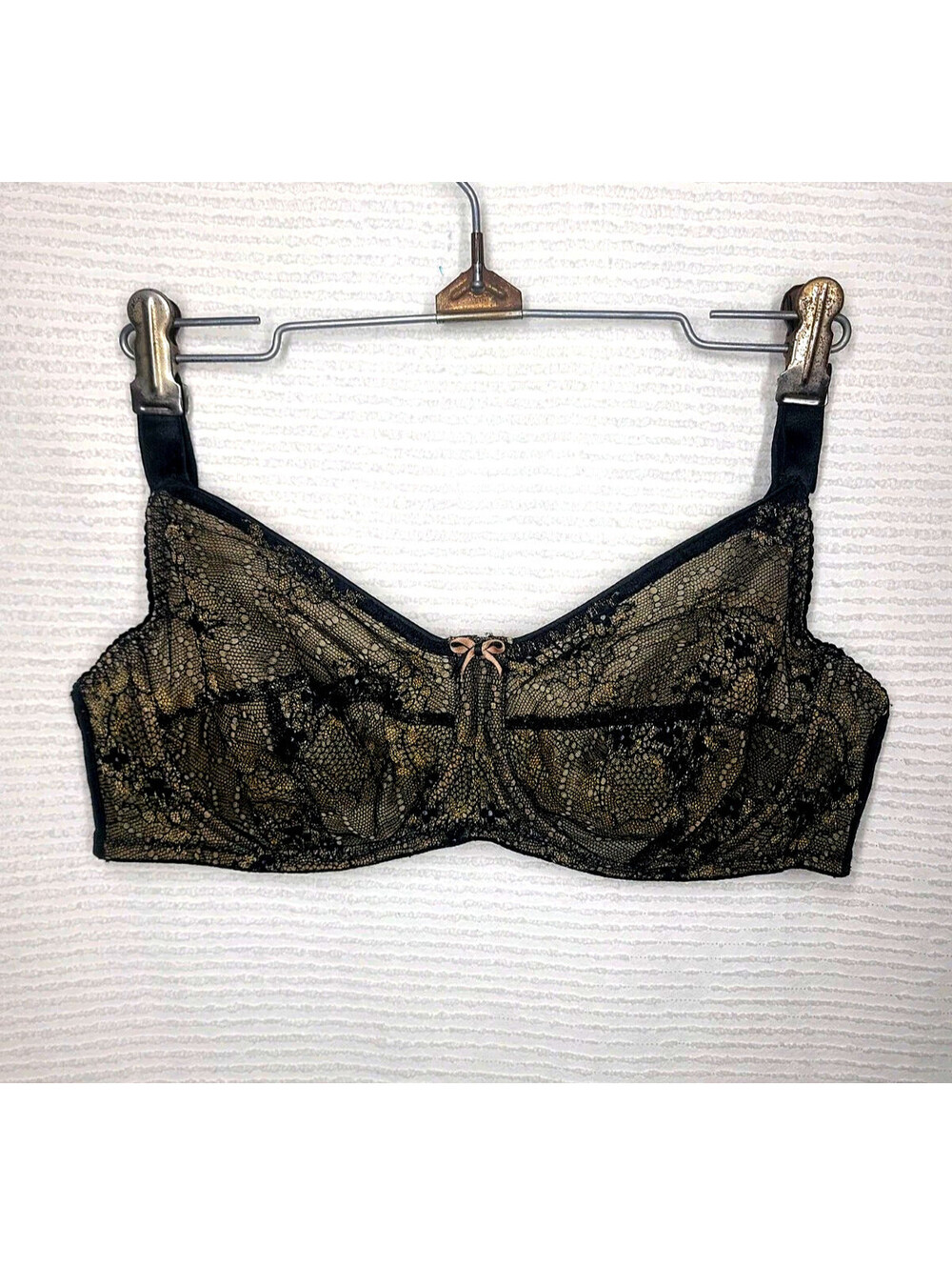 WHAT KATIE DID Gold Lace Bra 36D EUR 80D Underwire Sheer 1960s Repro Mod Pinup